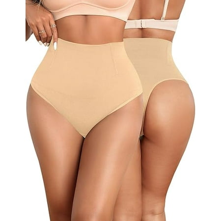 Yeblues 2 Pack Seamless Thong Shapewear for Women Tummy Control Body underwear High Waist Body Shaper Firm Control Panties Girdle Waist Trainer (Nude  S)