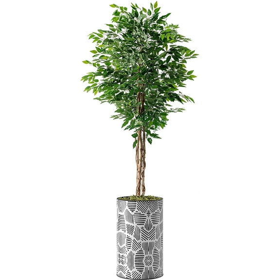 Artificial Tree in Contemporary Geometric Pattern Planter, Fake Ficus Silk Tree for Indoor and Outdoor Home Decoration - 66" Overall Tall (Plant Pot Plus Tree)