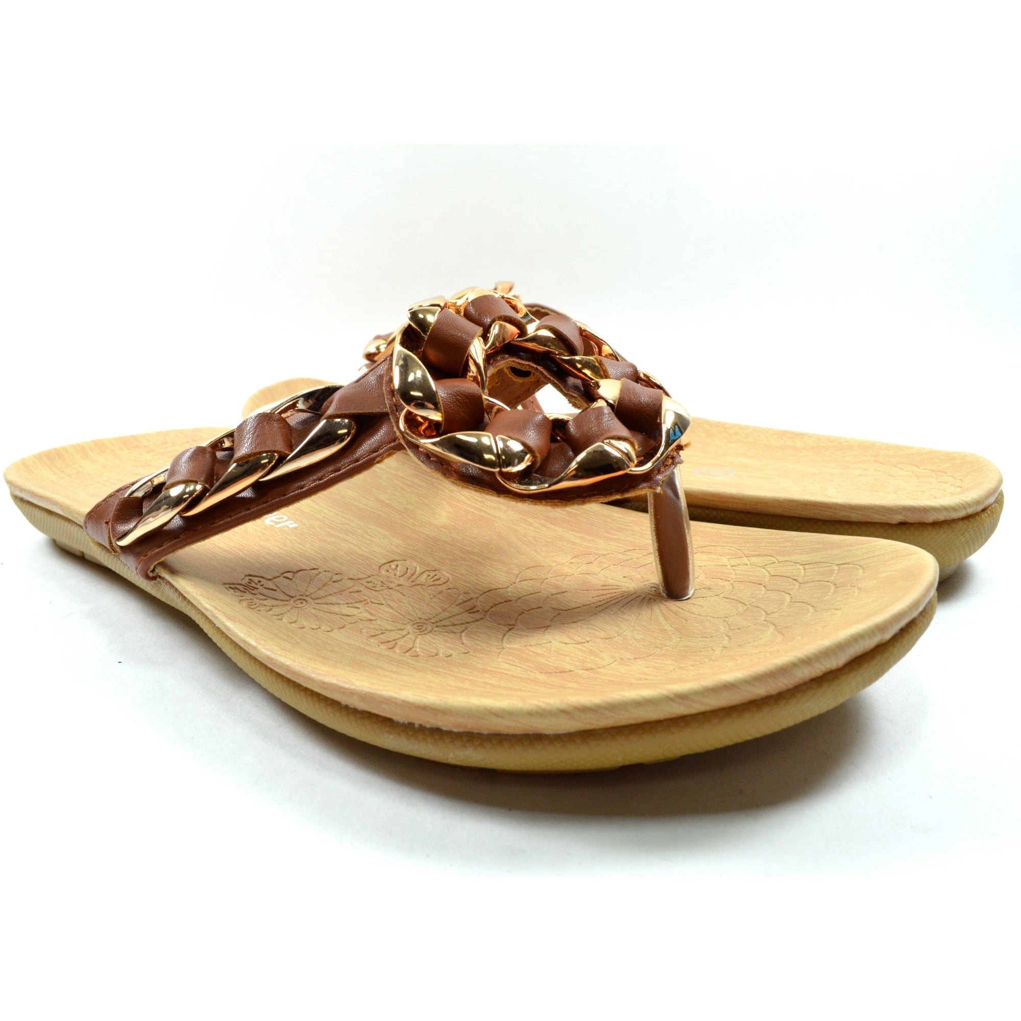Women Dressy Flip Flops Flower Golden Chain Detail Comfortable Footbed ...