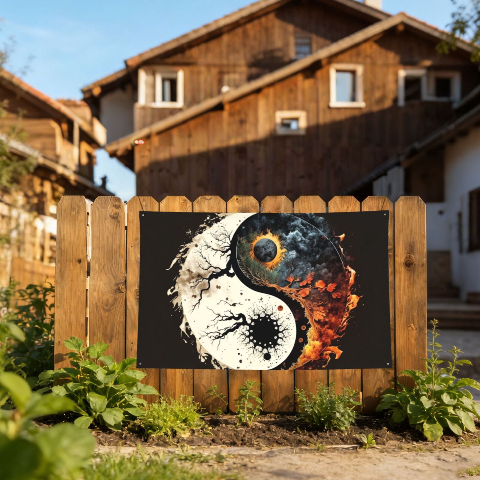 Round Oriental Symbol Burning Four Hole Decorated Banner Flag for Garden Yard Home Decoration Indoor Outdoor 4x6 Ft
