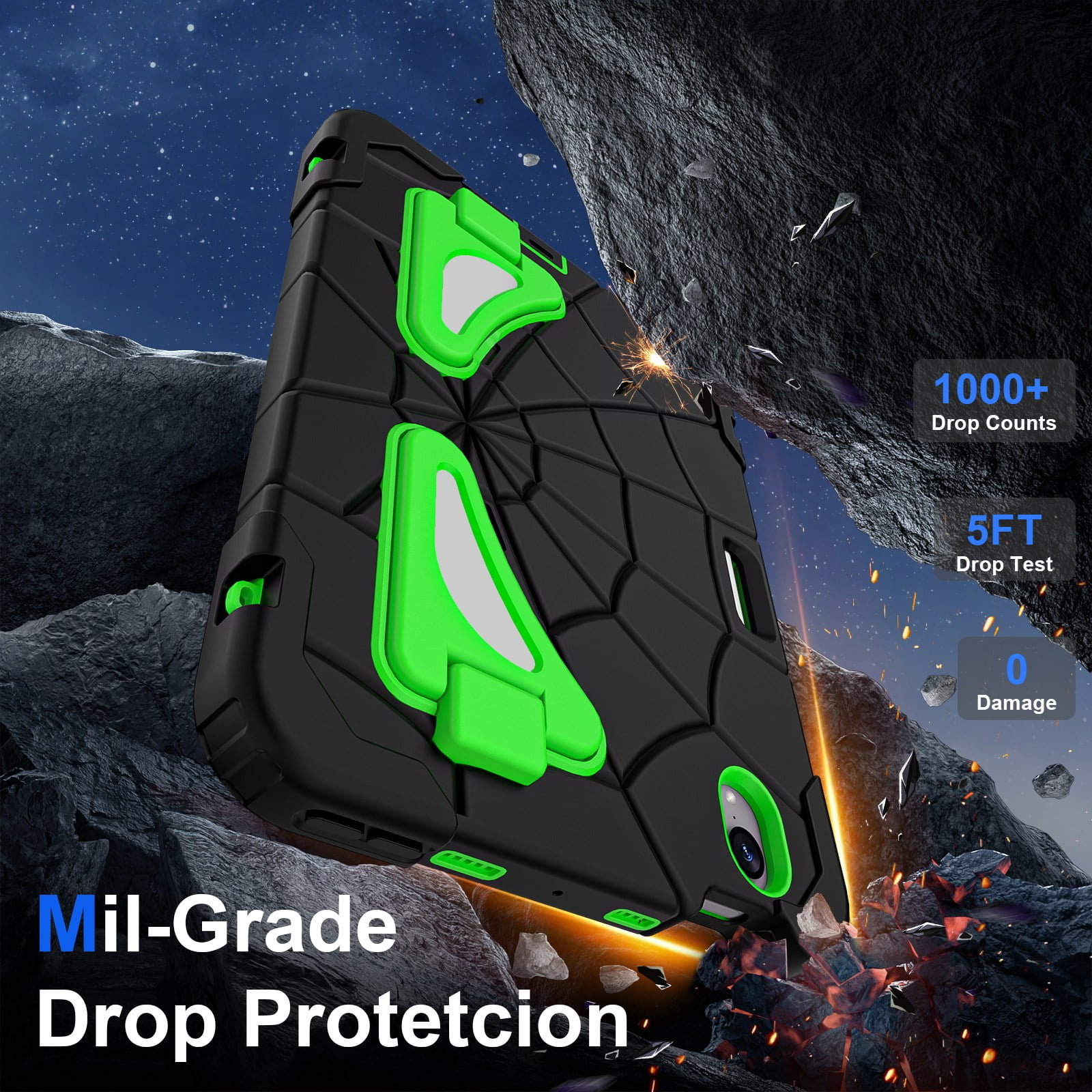 ELEHOLD Kids Friendly Case For Apple iPad mini 7th(A17 Pro) 2024/6th, Heavy Duty Shockproof Rugged Protective Case with Pencil Holder Foldable Kickstand for Boys Children Case, Black+Green