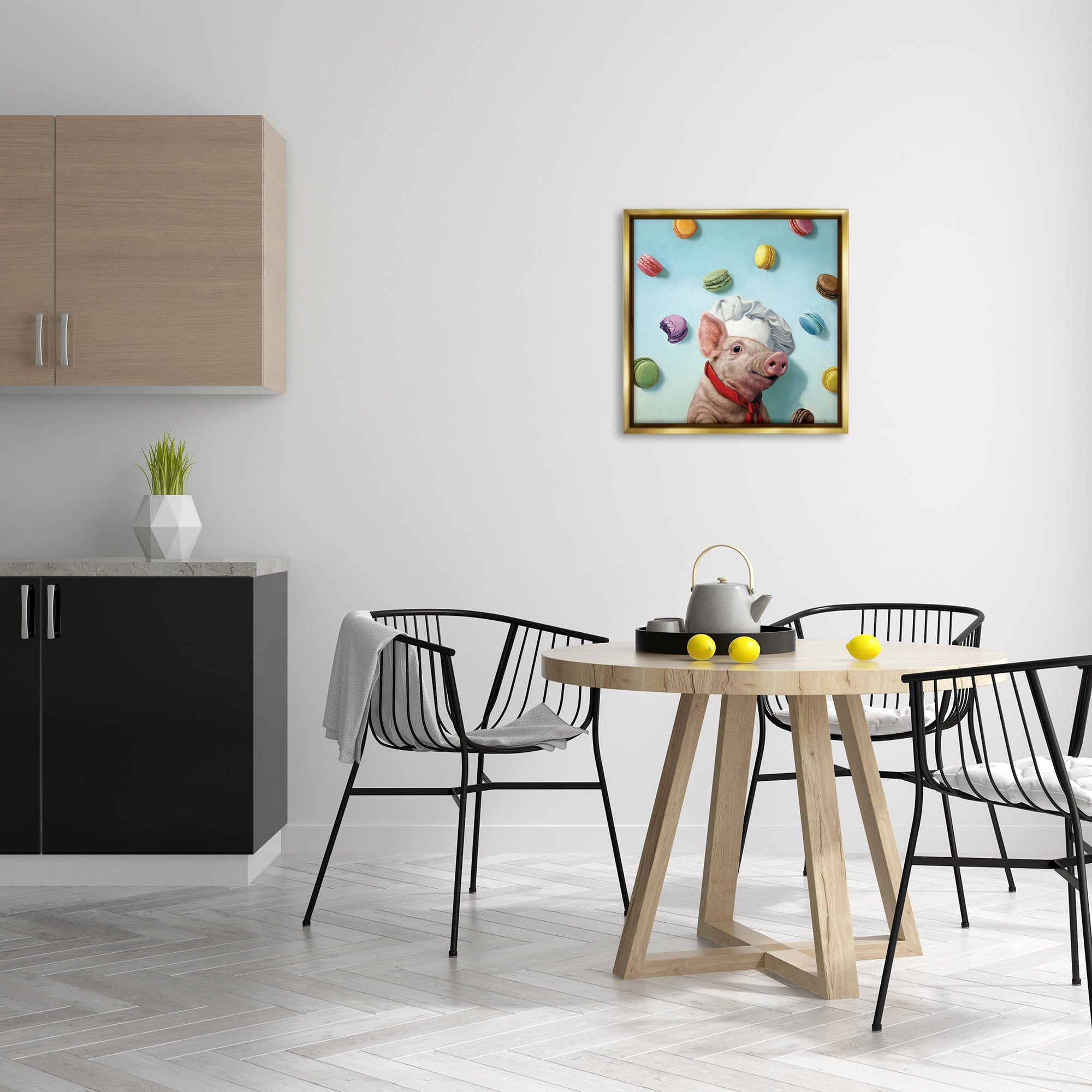 Stupell Industries Pig Chef with Playful Macarons Animals & Insects Painting Gold Floater Framed Canvas Art Print Wall Art, 25 x 25
