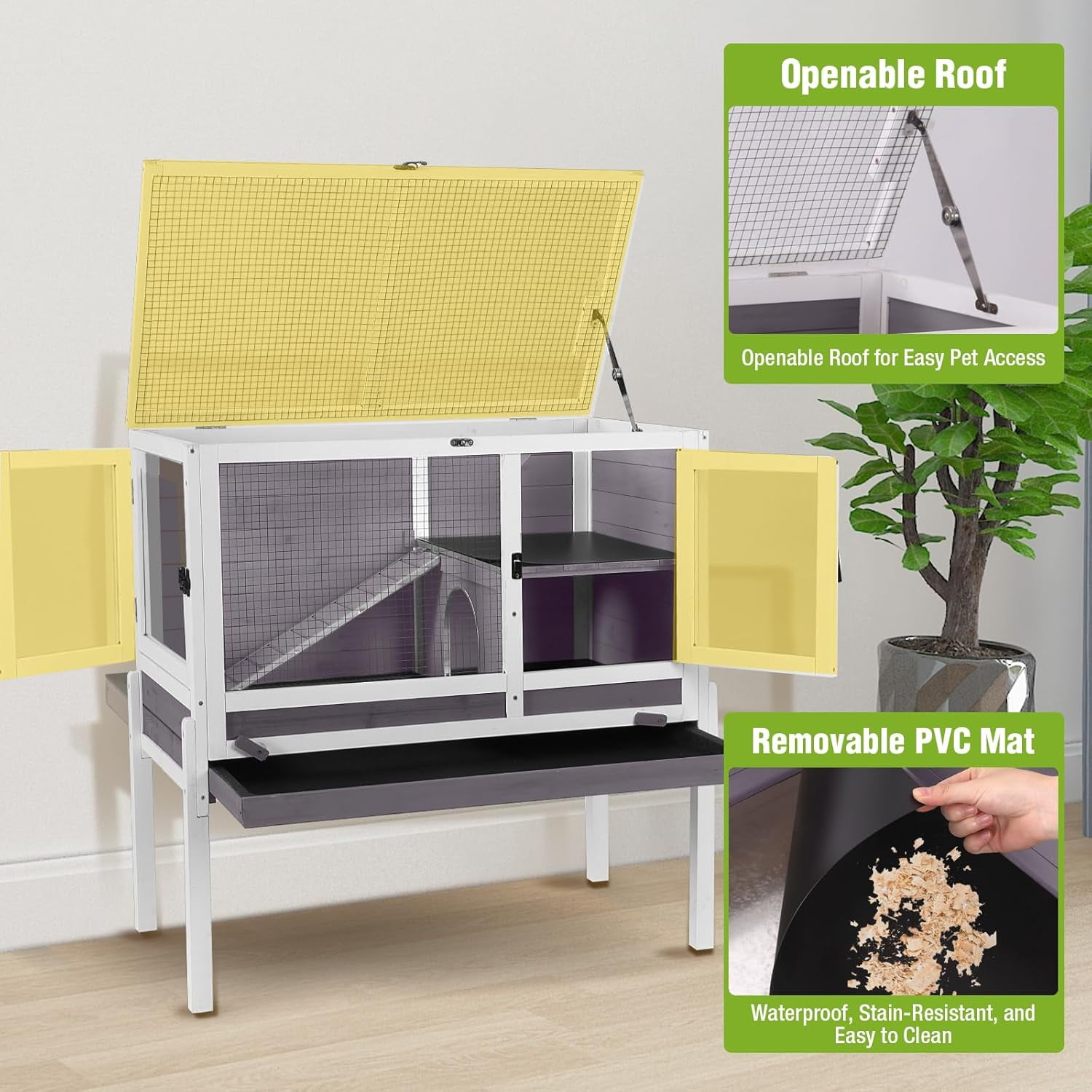 Aivituvin Indoor Guinea Pig Cage Rabbit Hutch with Chew-Proof Ramp, 2-Story Wooden Bunny House with Pull-Out Trays & Leakproof PVC Layer, Small Animal Cages with Detachable Legs (Gray)