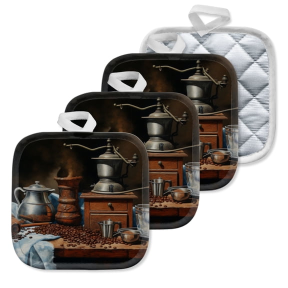 4 Pack Pot Holders,Kitchen Essential, Potholder Set,Still Life Of Coffee Making Tools And Beans