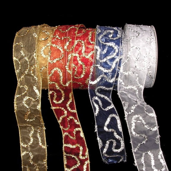 The Ribbon People Sheer Navy Blue and Silver Contemporary Swirl Wired Craft Ribbon 4" x 20 Yards