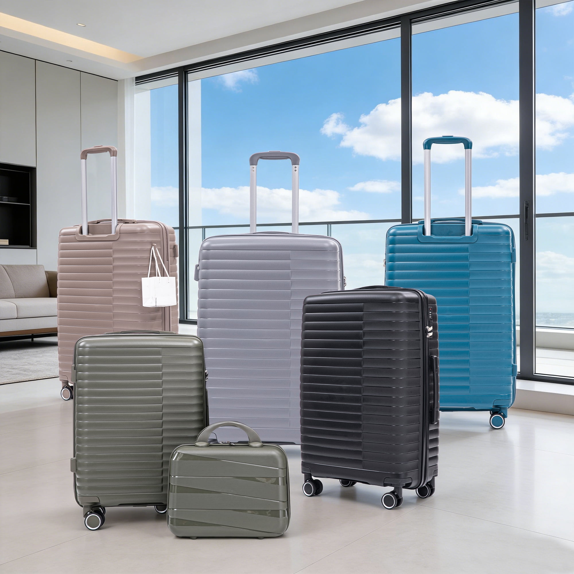 14"/20"/24"/28" 4Pcs/Set in PP Spinner Wheel Luggage, Carry on Suitcase, Iron Pull Rod, Combination Password Lock, 14" Cosmetic Case (Black)