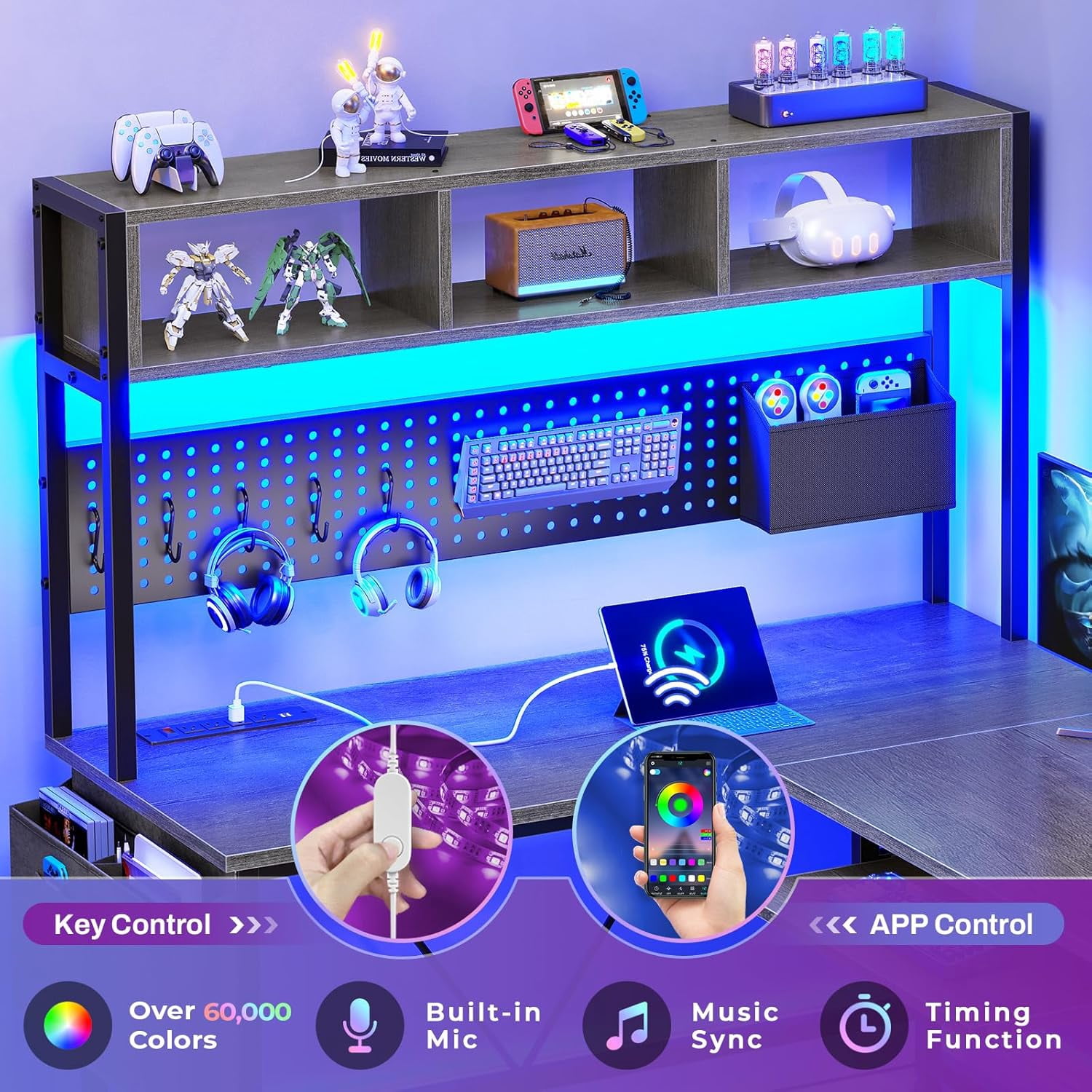 SEDETA L Shaped Gaming Desk with Hutch, 57.5” Reversible Home Office Desk with Power Outlet and Pegboard, Gaming Computer Desk with Keyboard Tray and LED Lights and Storage, Grey