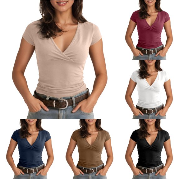 LiuXxxx Women's V Neck Short Sleeve T Shirt Beige M