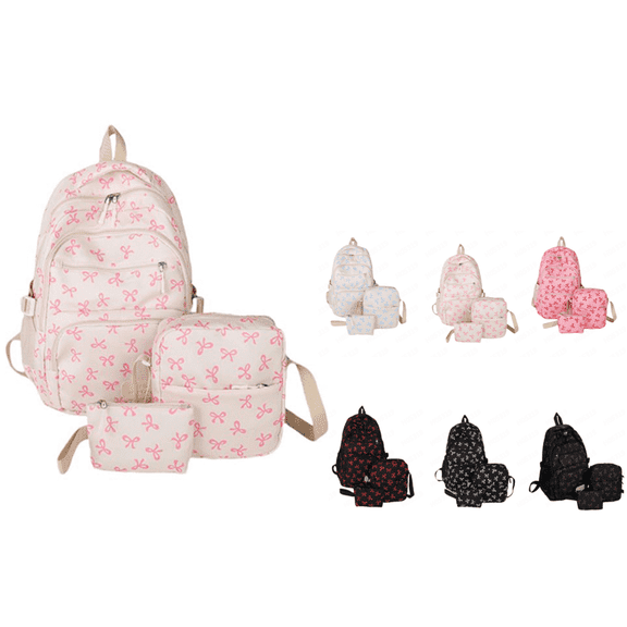 Pink Damask Floral Coquette Bow 3 Piece Laptop Backpack Set for Women, 3 in 1 Y2K Multi-Compartment Travel Daypack with Floral Bowknot Print, Lightweight Adjustable Strap Fashion Backpack
