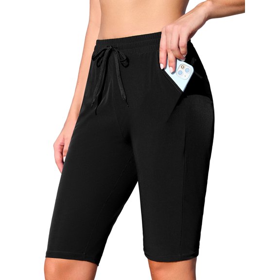 Asoul Knee-Length Swim Bottoms for Womens Drawstring Swim Capris Built-in Brief with Pockets