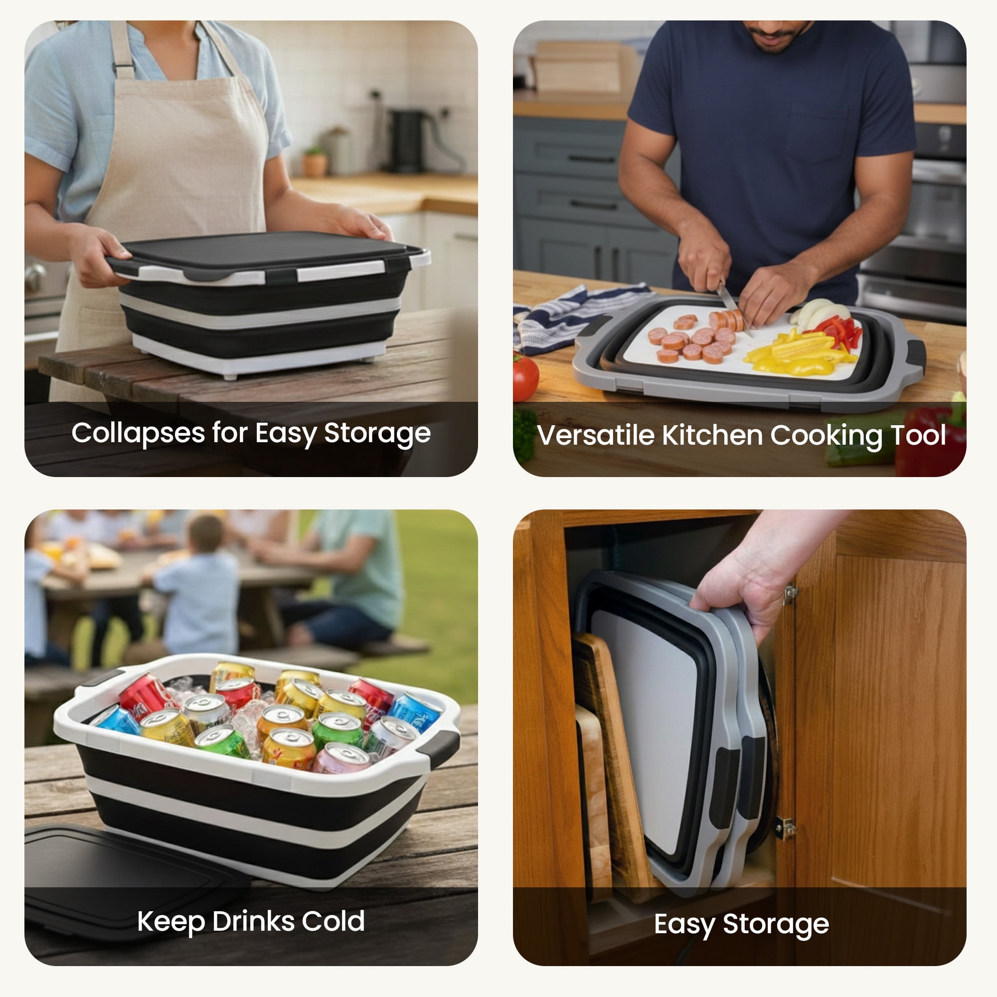 Havenity Bbq Prep Tub 2 Pack Black (16l+16l) - Multifunctional Collapsible Camping Cutting Board with Lid
