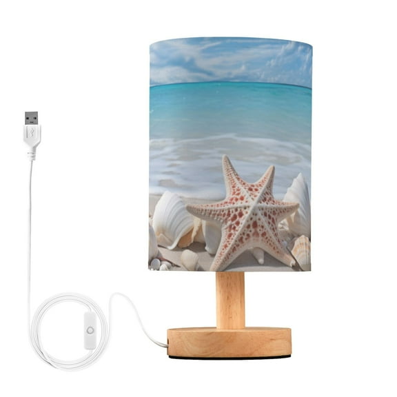Seastars on Beach Bedside Table Lamp LED Warm Lights with USB Charging Port Retro Cylinder Desk Lamps