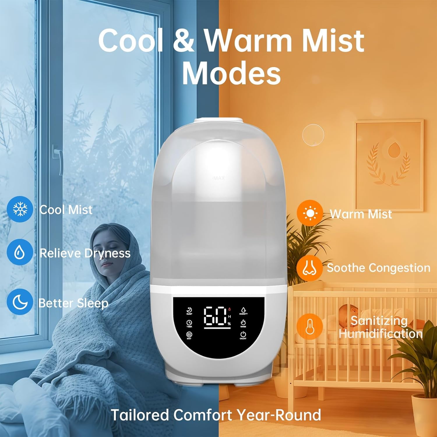 Humidifiers for Bedroom, 6.5L Top Fill for Large Room, dB Quiet Supersized Cool Mist Air Humidifier for Baby Nursery, Plants, Indoor, Auto Shut-Off & Night Light, Easy to Clean & Fill