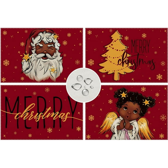 Linen African American Christmas Placemats Set of 4 Black Santa Christmas Table Mats Merry Christmas Decorations and Supplies for Home Table-12×18''''