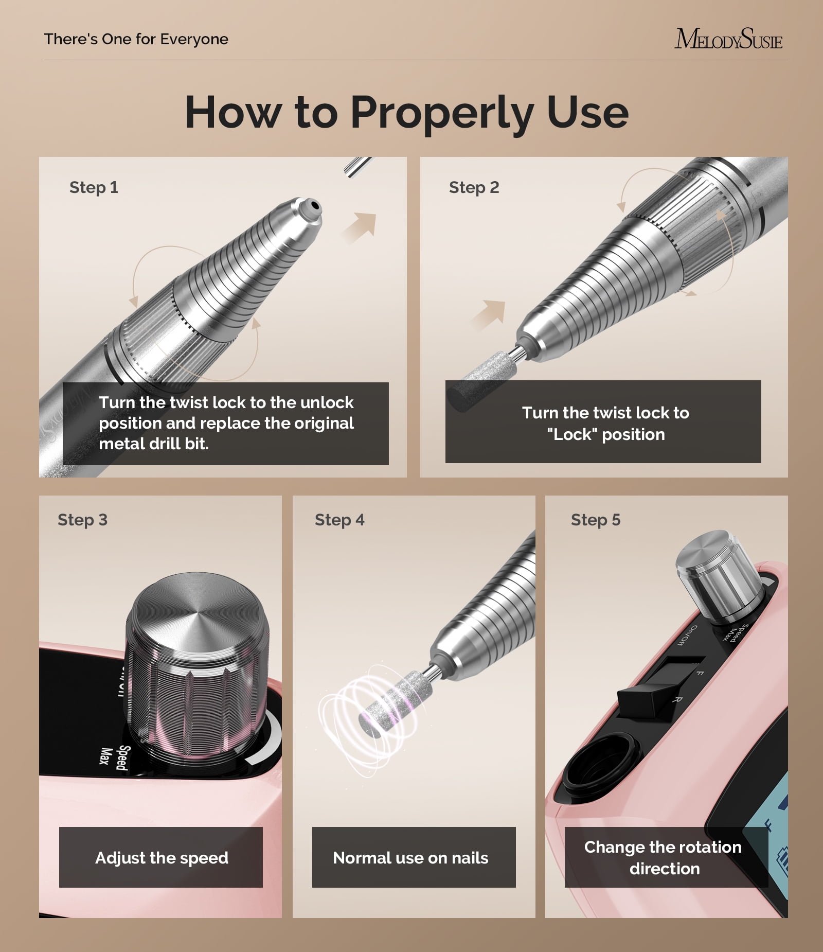 MelodySusie Entry-Level Clip-On Cordless Nail Drill,SC320D 30000RPM Nail E-File with LCD Display for Manicure Shaping & Gel Removal,Pink