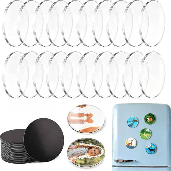 GJX 20 Pcs Diy Fridge Magnet Kit - Round Clear Acrylic Magnetic Set with Adhesive Backing for Photo,Crafts,Office,Classroom,Cabinets,Kitchen,2" (Round)