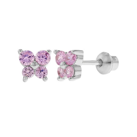 925 Sterling Silver CZ Pink Butterfly Earrings Toddlers Baby Kids Screw Back