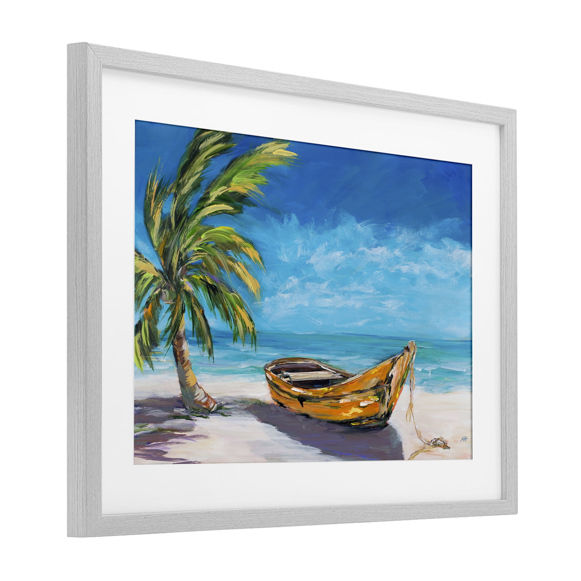 Stupell Industries Lost Island Palm & Boat Gray Framed Print Under Glass, design by Julie DeRice