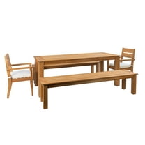 Linon Barlow 5Pc Set Teak Outdoor Table 2 Benches 2 Chairs & Cushions in Natural
