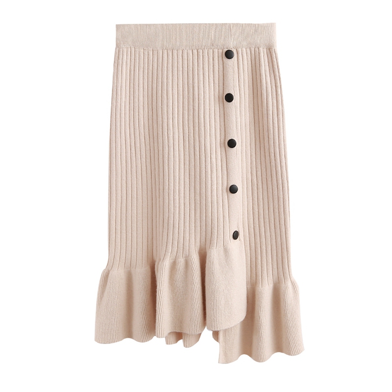 Wisremt Women Long Knitting Skirt Autumn Winter Female Ruffle Midi