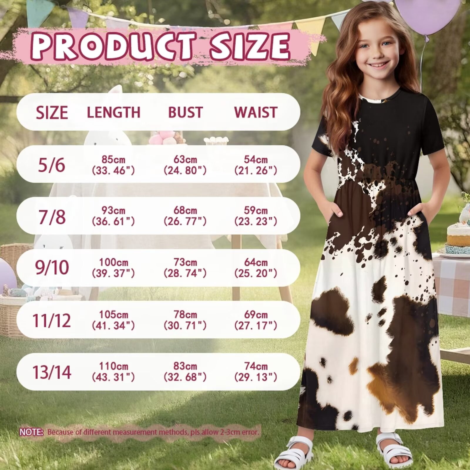 Uourmeti Girl's Dress Brown Cowhide Print Crew Neck Short Sleeve Maxi Long Dress with Pockets Cute Flowy Holiday Outfits, Size 7-8 Years