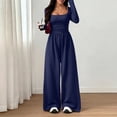 thumbnail image 5 of Long Sleeve Jumpsuit for Women Ruched One Piece Wide Leg Jumpsuit Baggy Square Neck Workout Romper with Pockets, L, 5 of 6