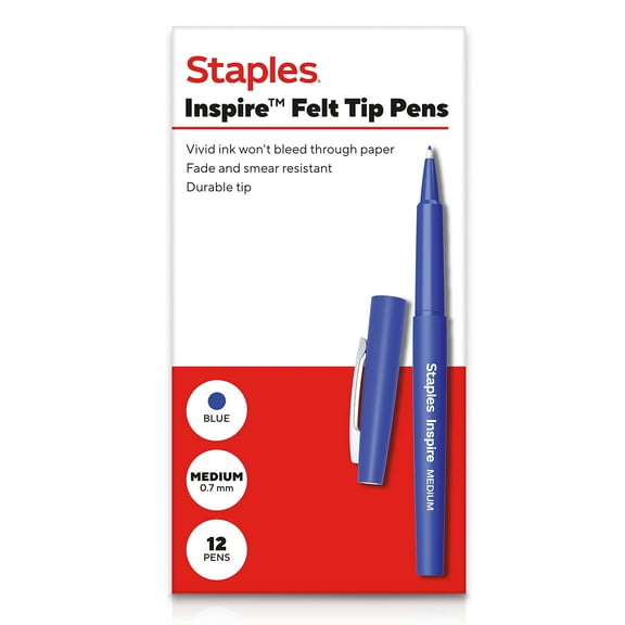 Staples Inspire Felt Tip Pen Medium Point 0.7mm Blue Ink Dozen (ST63327)