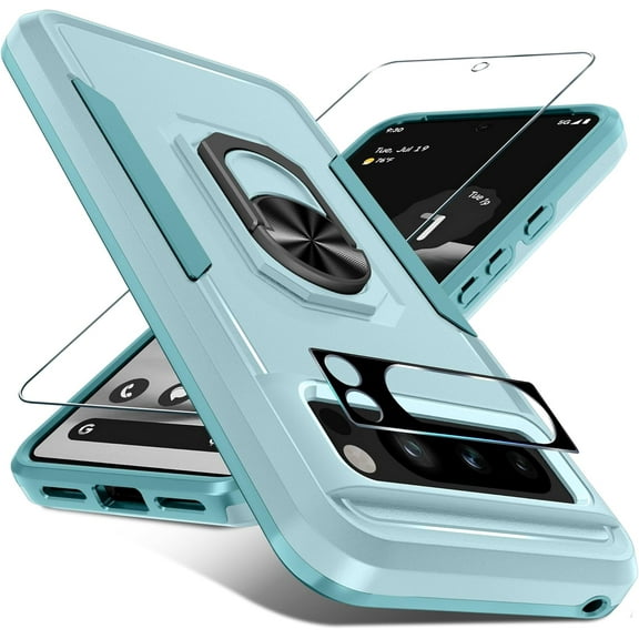 for Google Pixel 8 Pro Case with Screen Protector Camera Lens Protector,Heavy Duty Shockproof Full Body Phone Cover Built in Metal Ring Holder Kickstand,2023 Mint Green