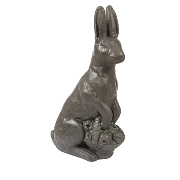 Solid Rock Stoneworks Rabbit with Basket of Flowers Concrete Statue, 24" Tall, Slate Color