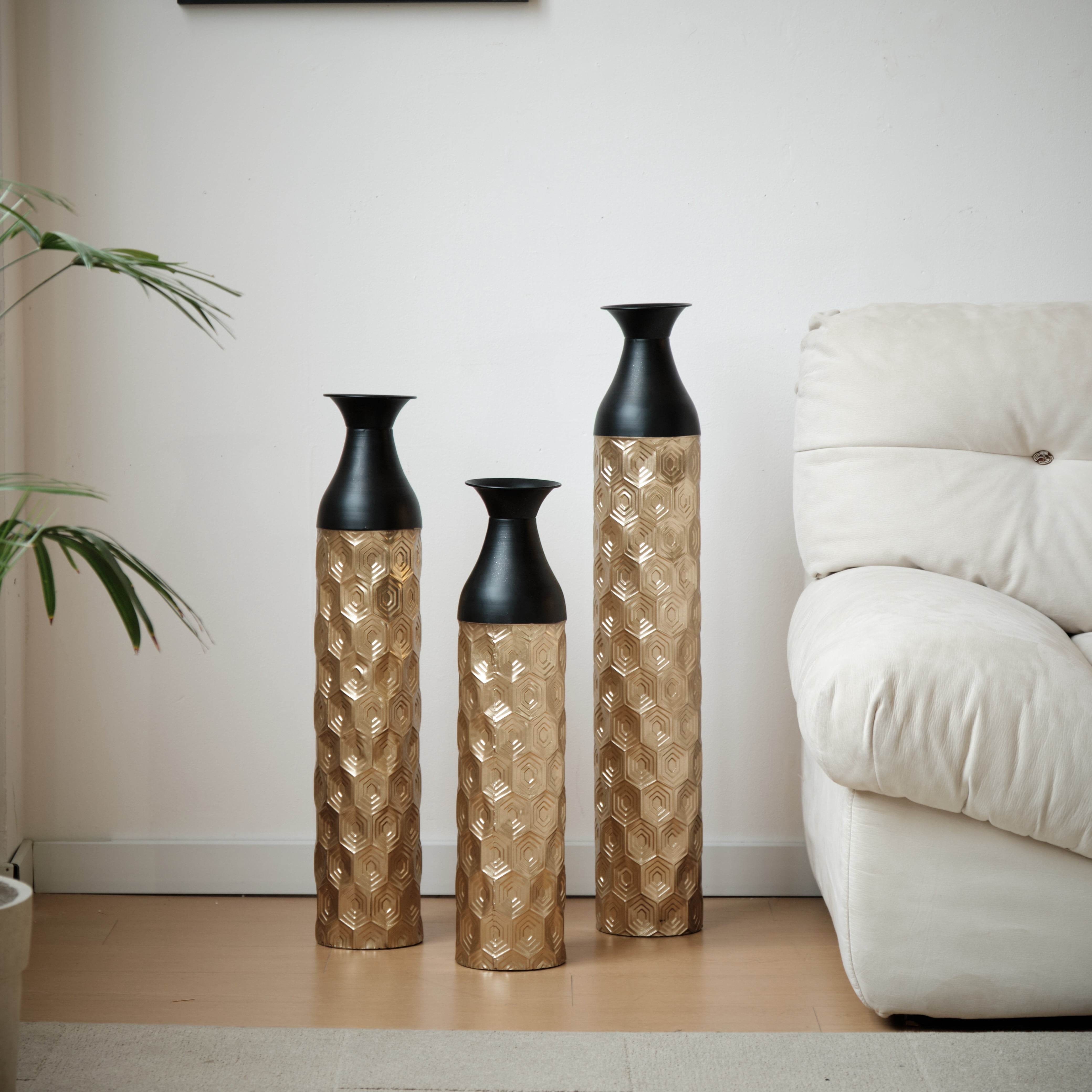 Aukfa Metal Decorative Tall Floor Vase,Set of 3 Large glazed Vases,24.8"/ 29"/33.8" H,Gold
