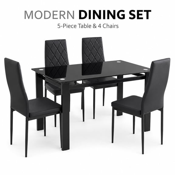 5 Piece Dining Table Set with 4 PU Leather Chairs, Modern Glass Dining Table Set for 4, Black Metal Frame Kitchen Table and Chair Set for Dining Room, Apartment, Small Space