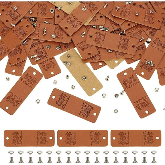 48 Sets PU Leather Handmade Label 2.2x0.8inch Heart Pattern Handmade Leather Labels for Crochet Items Chocolate Color Rectangle Handmade Embossed Tag with Rivets for Sewing Hat Clothes