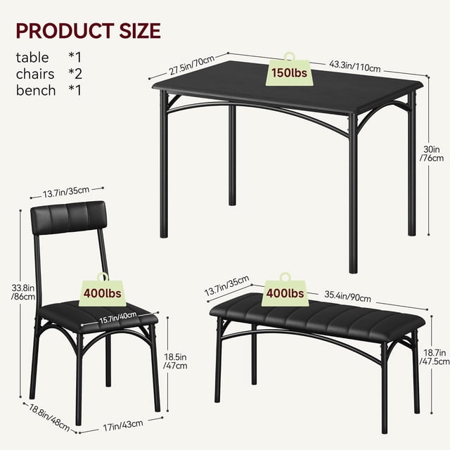 QinaQin Dining Table Set for 4 with 2 Chairs & 1 Bench, Black