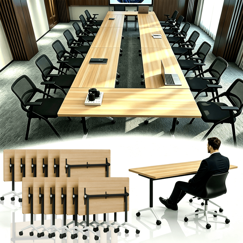 12Pack Folding Conference Room Table with Wheels 61in Modular Training Table for Office Classroom Oak