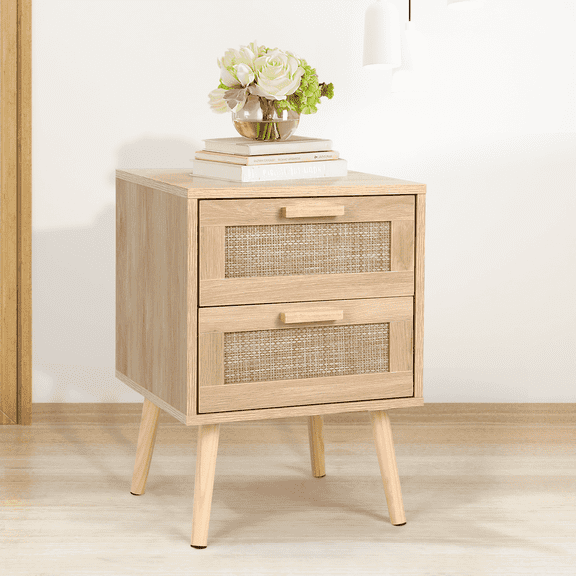 RichYa Rattan Nightstand, Side Table with 2 Storage Drawers, End Table Night Stand for Bedroom, Kids Room