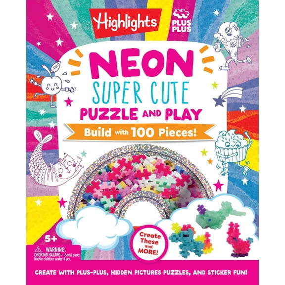 Neon Super Cute Puzzle and Play: Plus-Plus Building Blocks and Hidden Pictures Puzzle Sticker Book Set for Kids 5-9, Create and Personalize with Cute Stickers, Bright Puzzles and Neon Blocks (Hard...