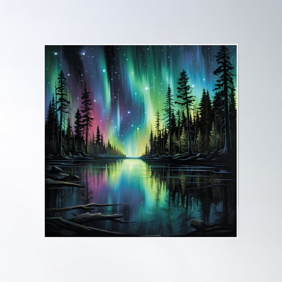 Forest By The River.Forest Landscape.Northern Lights. Poster Wall Art, Modern Wall Decor, 16x16 UNFRAMED