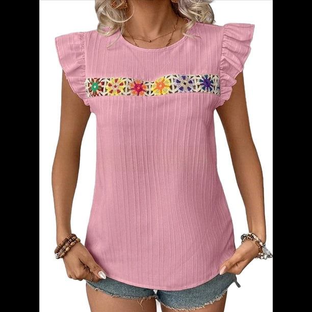 Blusa de Verano con Bordado Floral para Mujer, Cuello Redondo, Corta Rosa XXL