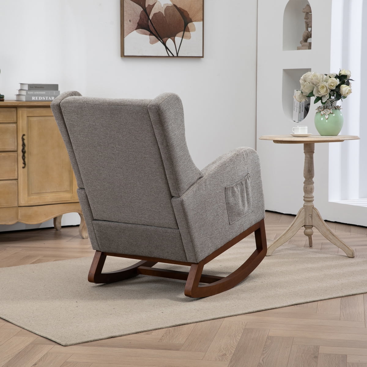 25.4"W Modern Rocking Chair for Nursery, Mid Century Accent Arm Rocker With Retractable Footrest, Side Pocket, Comfy Upholstered Wingback Wooden Glider Chair for Living Room Baby Kids Room. Taupe