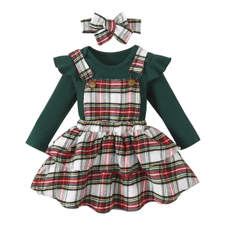 Gvdentm Girls Size 6-7 Outfits Dress Clothes Christmas Winter Outfits Top Romper Overalls Dresses Suspender Skirt Set for Girls(Green 6-12 Months)