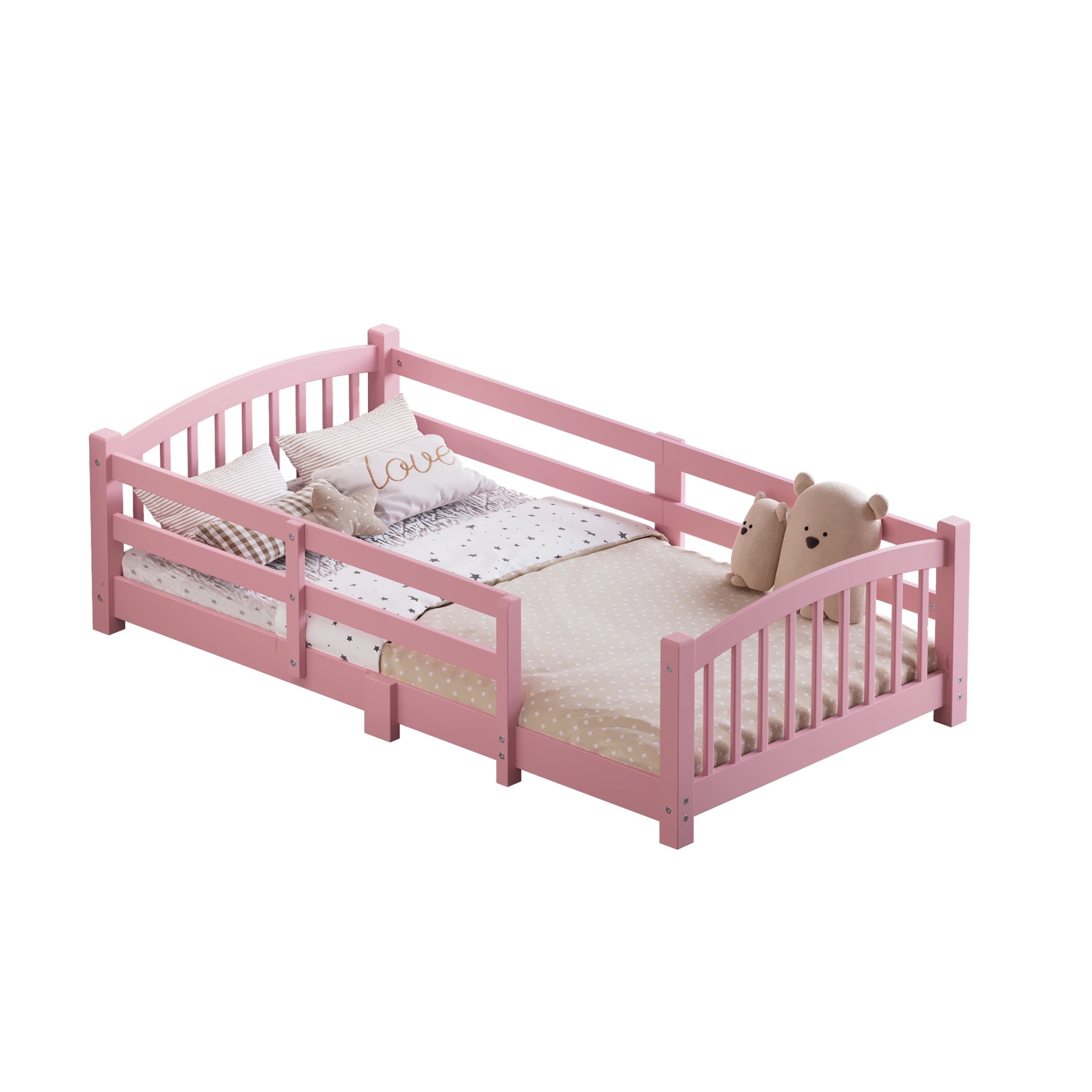 Euroco Wood Twin Size Platform Bed, Montessori Floor Bed with Safety Guardrails, Pink