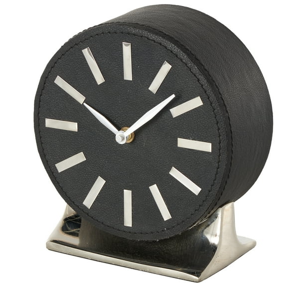 DecMode 7" Black Faux Leather Round Clock with Silver Rectangular Base