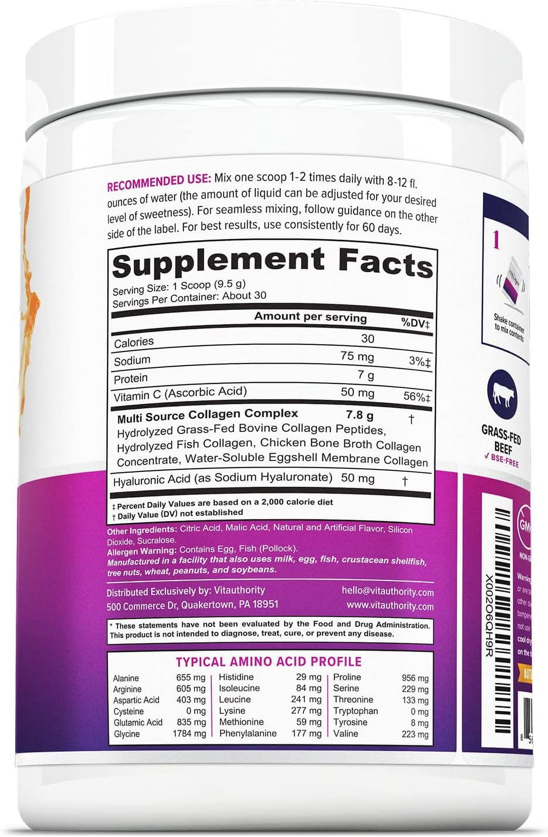 Vitauthority Multi Collagen Peptides Hydrolyzed Protein Powder with Hyaluronic acid & Vitamin C, Pink Lemonade, 9.7 oz