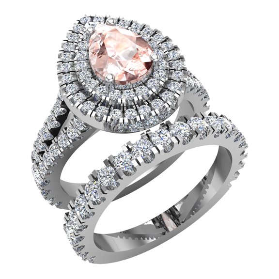 Pear Cut Pink Morganite Double Halo Wedding Ring Set Split Shank 14K White Gold 3.40 Carat