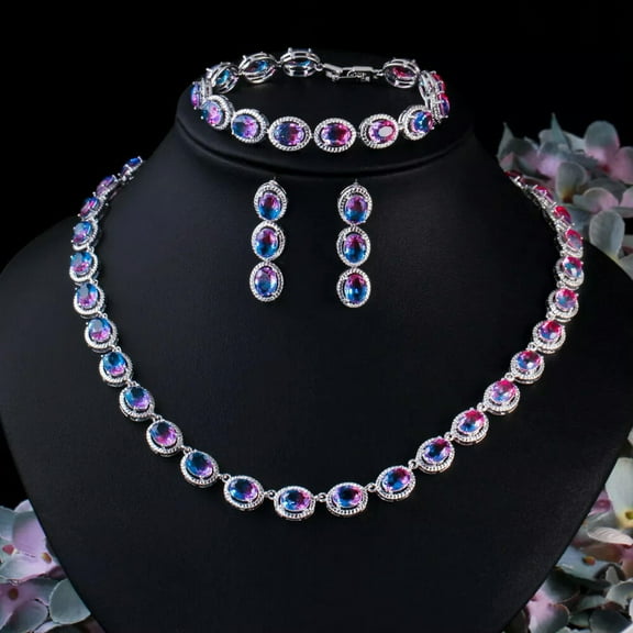 Awesome Mystic Fire Rainbow CZ Necklace Earrings Bracelet Set Pageant Jewelry