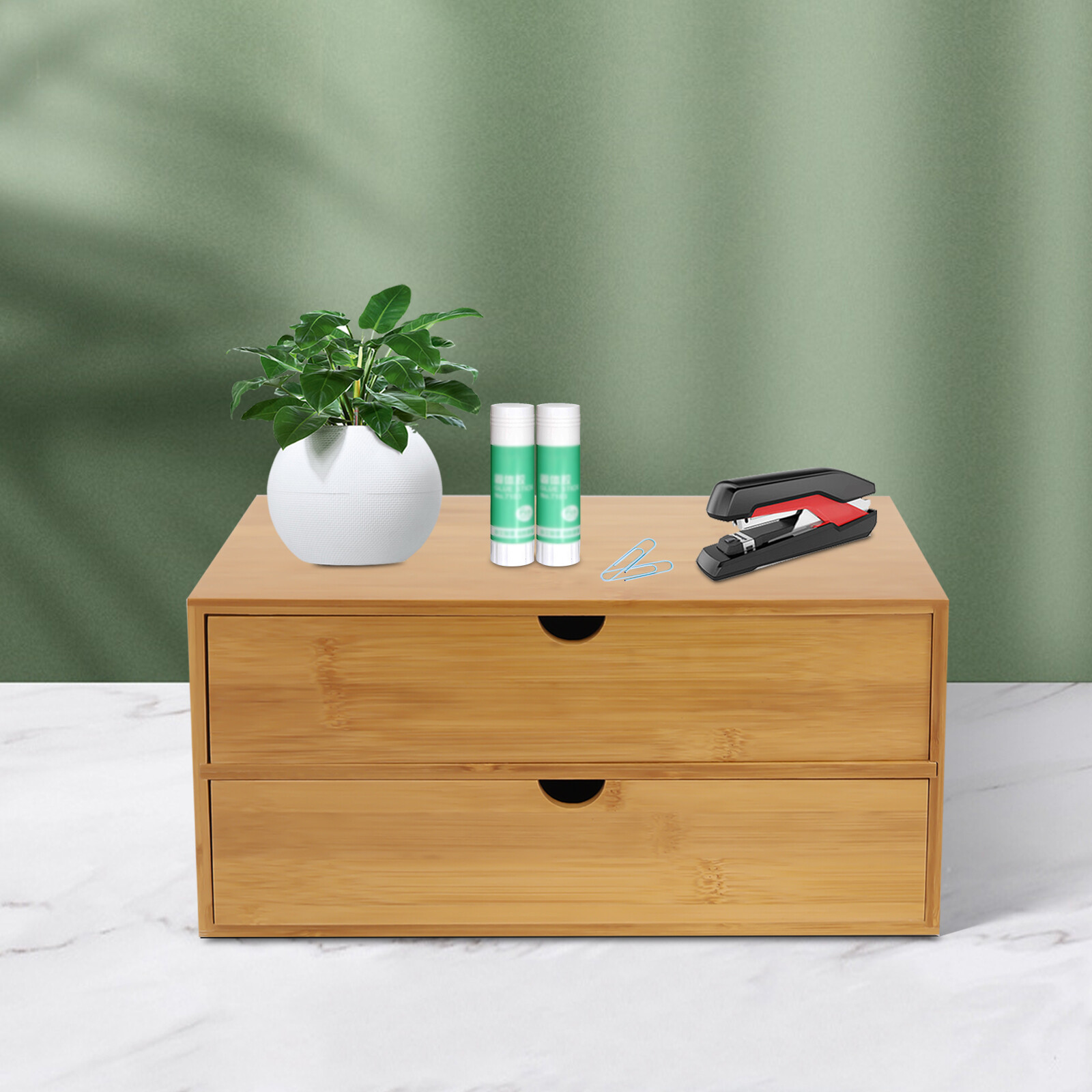 Desk Storage Box, Mini Bamboo Drawer Organizer with Curved Groove Handle for Office, Home