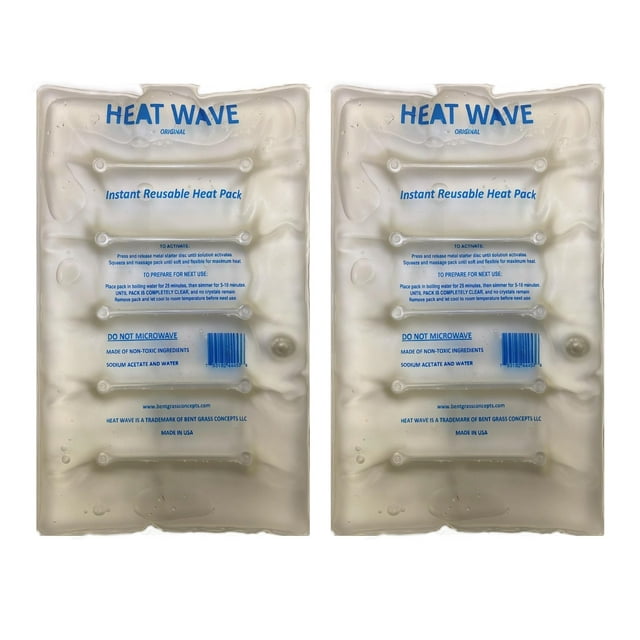 HEAT WAVE Pack de Chaleur Réutilisable Instantané - Qualité Médicale (8x12) Muscles Raides et Douloureux, Soulagement de la Douleur, Chaleur pour la Randonnée et le Camping Fabriqué aux États-Unis Grand Lot de 2 Transparent