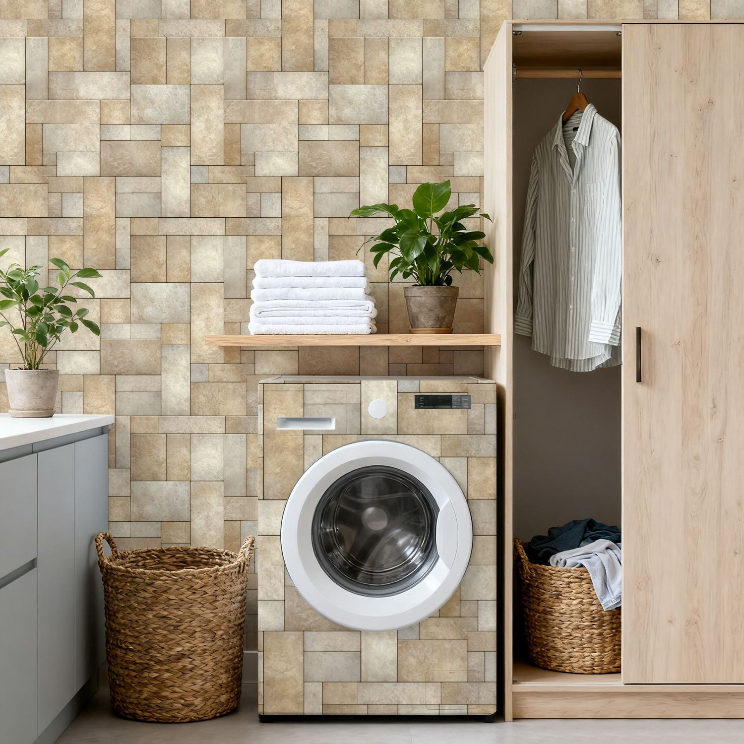 Peel and Stick Wallpaper Beige Cream Geometric Stone Tile Natural Texture 17.7in x 118in Contact Paper Removable Self Adhesive Wall Mural Wall Decor for Bedroom Kitchen Cabinets