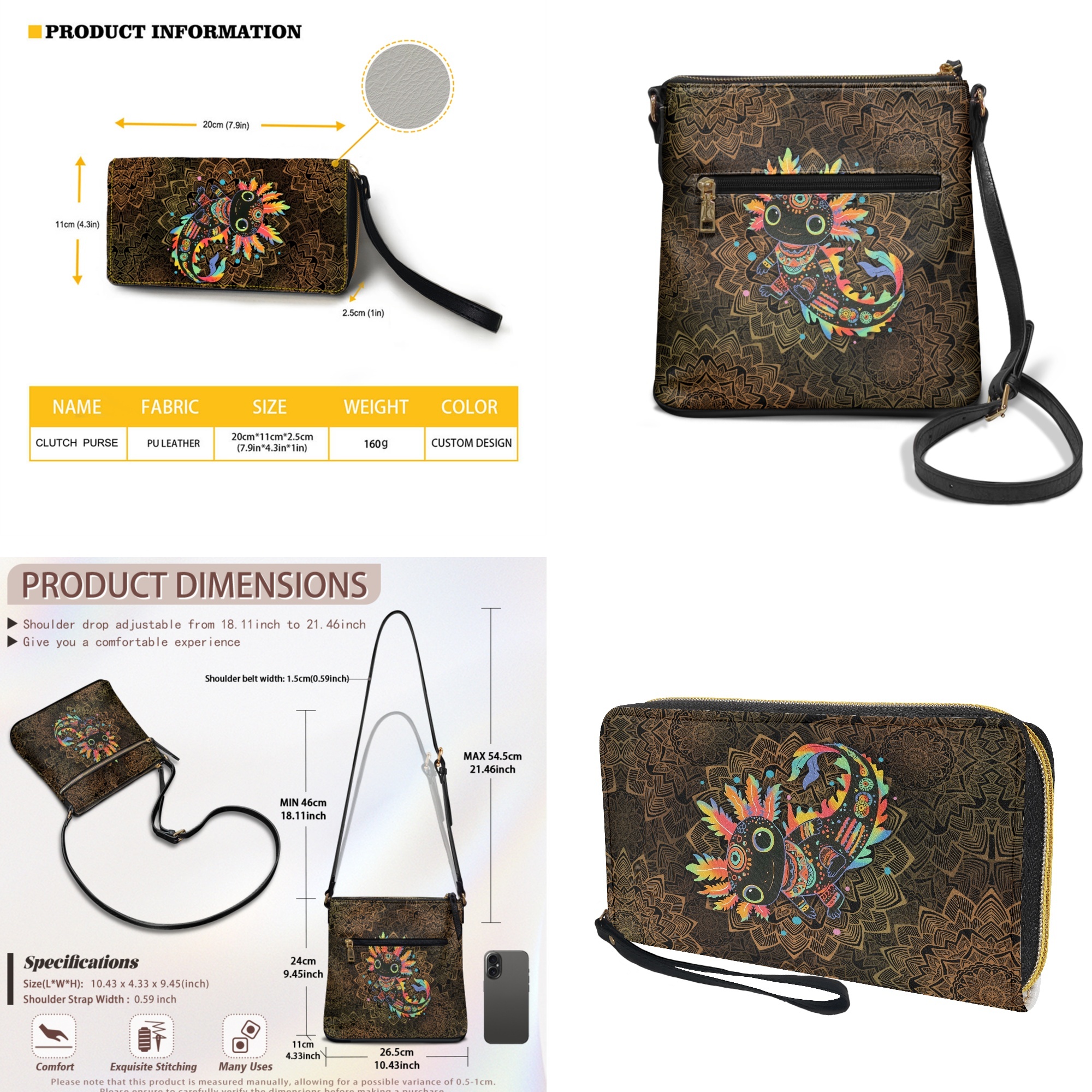 ZUXONGSY Boho Mandala Axolotl Print Women's PU Leather Hobo Bag & Matching Wallet Set, Multi-Pocket Crossbody Purse with Adjustable Strap for Travel & Work