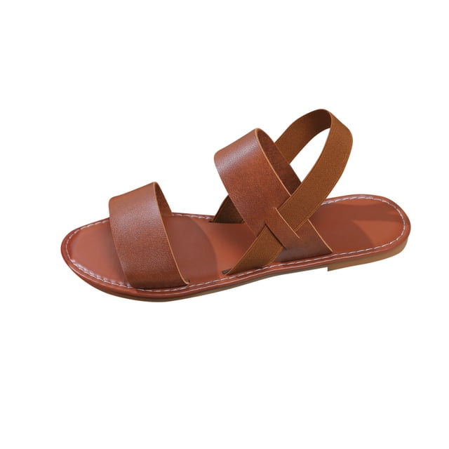 Flat Sandals for Women Slingback Elastic Strap Open Toe Leather Non Slip Beach Roman Sandals Brown